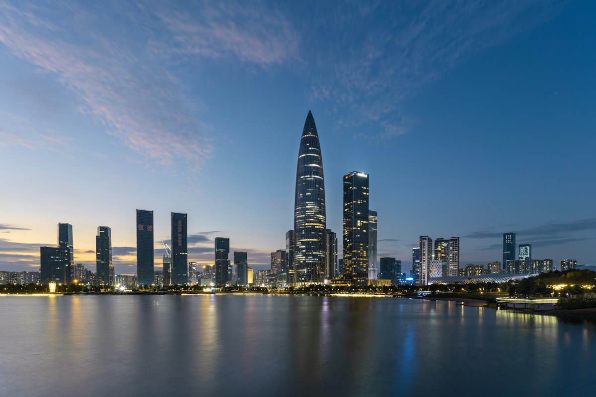 Shenzhen Houhai skyline at dusk Houhai waterfront skyline in Nanshan District, Shenzhen, at dusk